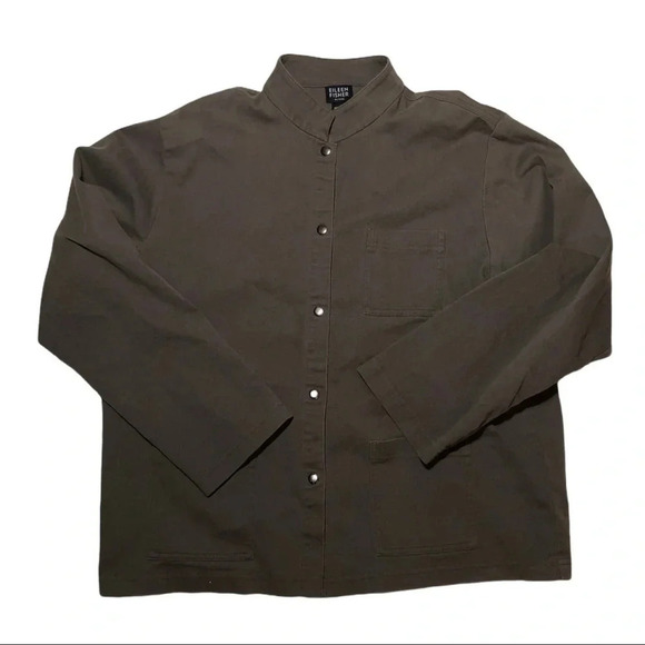 EILEEN FISHER Organic Cotton Mandarin Collar Olive Green Utility Shacket - Picture 3 of 10